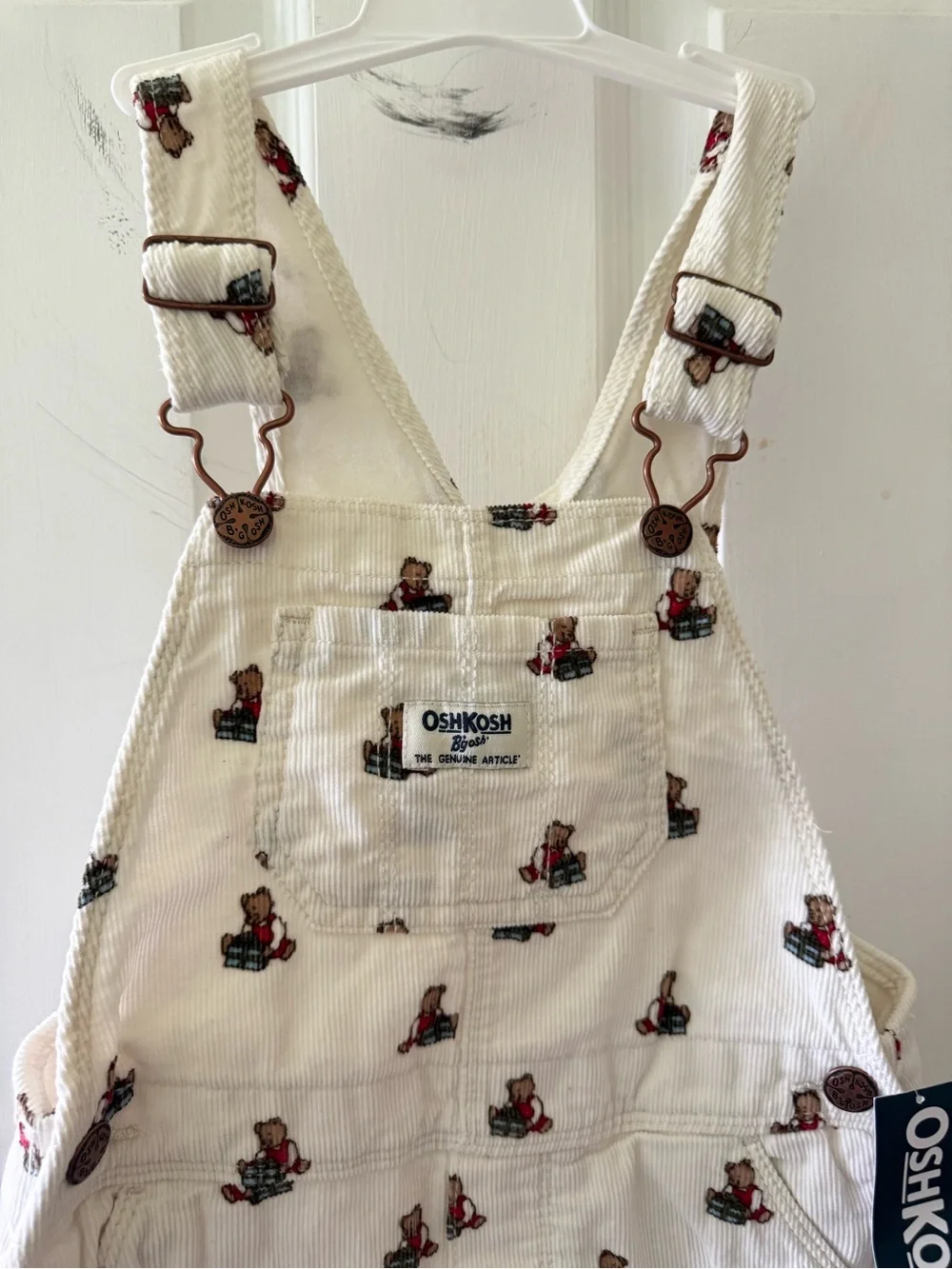 OshKosh B'gosh Cream Overalls with Red Teddy Bear